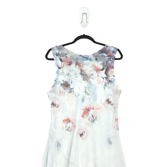 Komarov Women L Ruffle Dress Watercolor Border Ivory White Floral Maxi Charmeuse - Picture 9 of 10